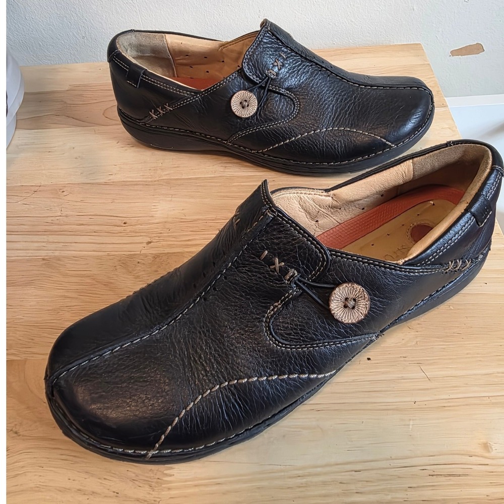 Clarks Women 9M Structured Loafers Black Leather Slip On Contrast Stitch 85071